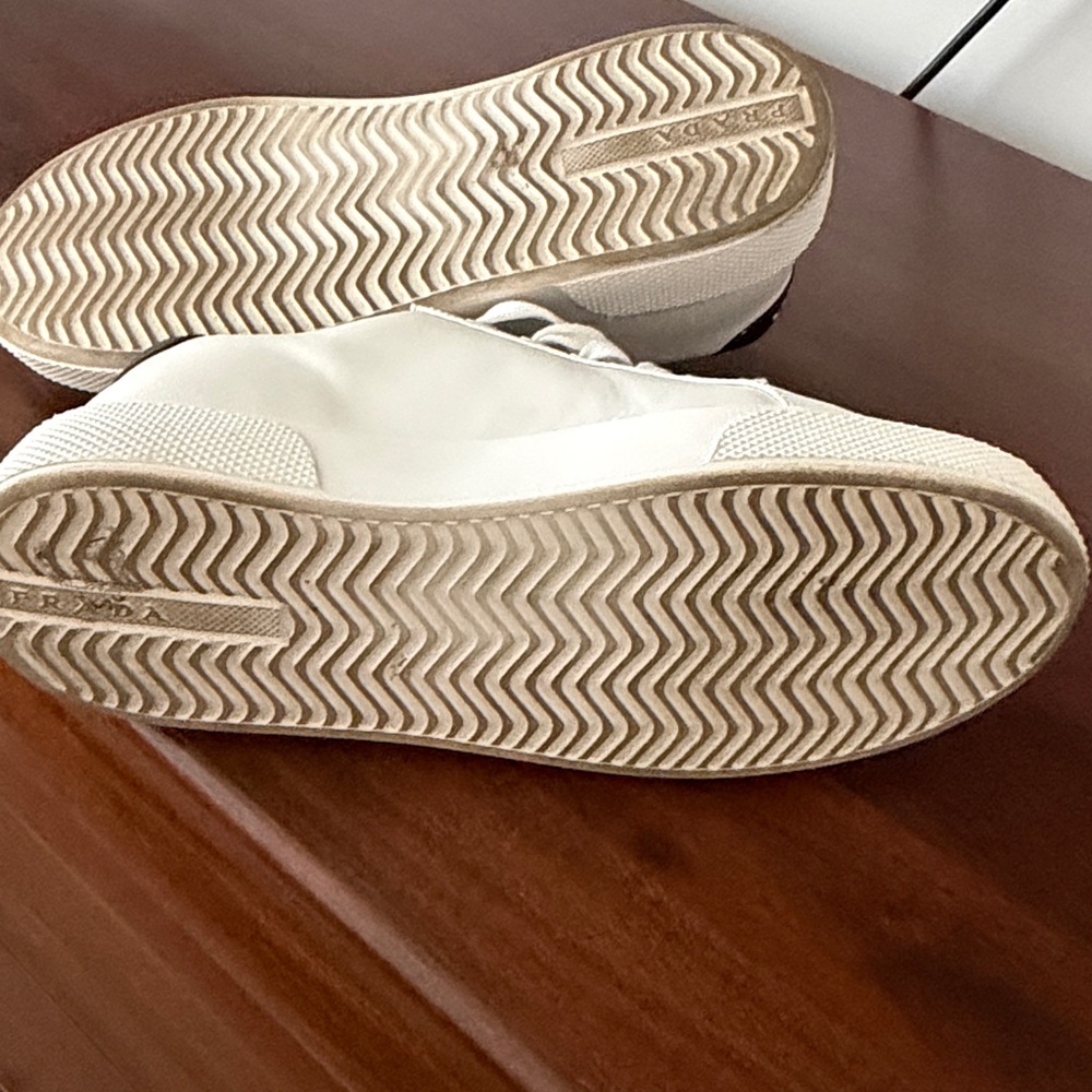 Prada White Leather Low-Top Sneakers with Black Heel - Picture 6 of 6